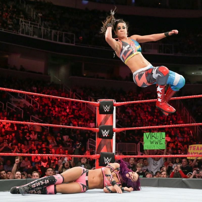 Bayley executing a flawless flying elbow inspired by Randy